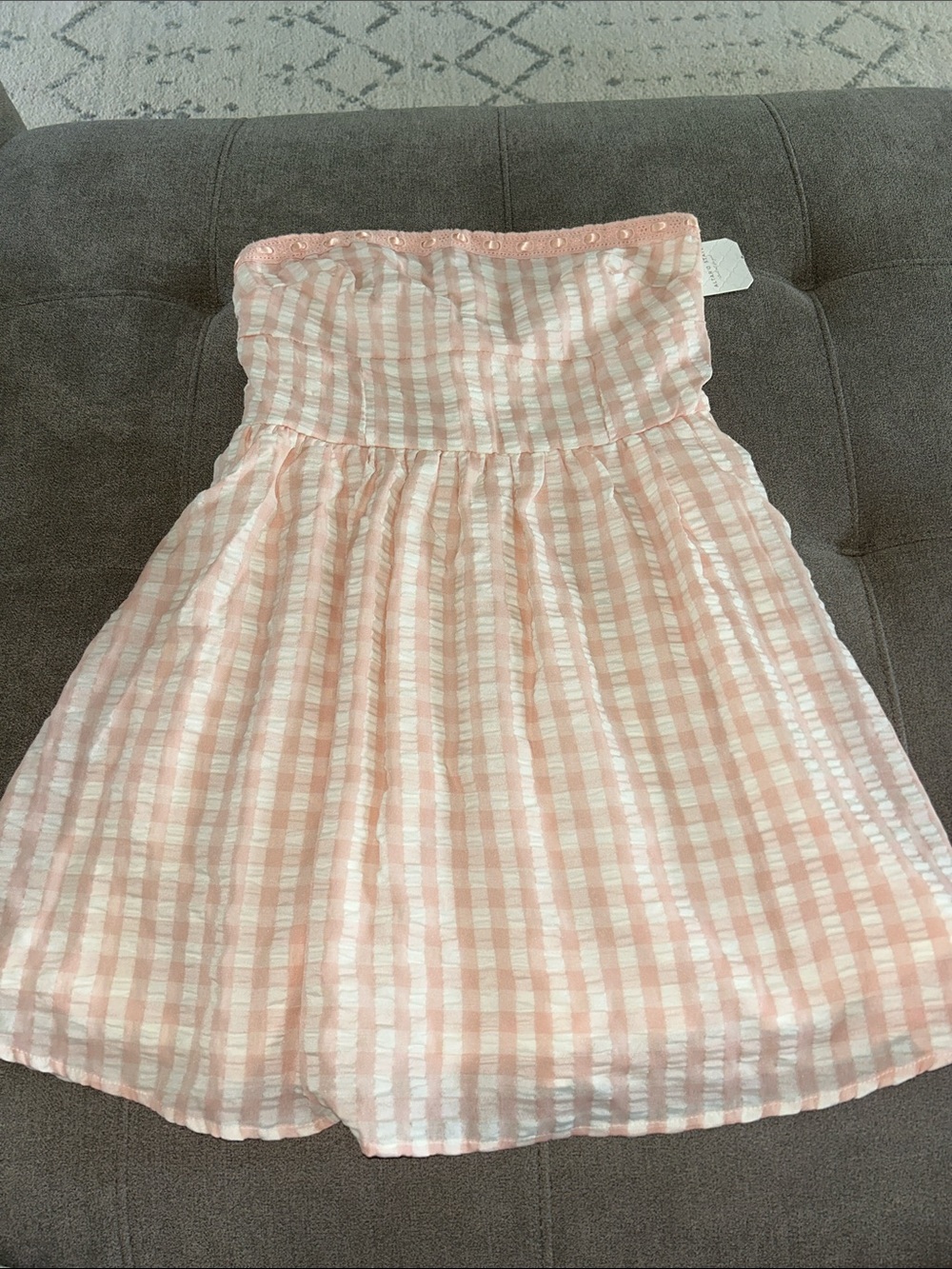 Altar'd State Pink and White Gingham Strapless Mini Dress